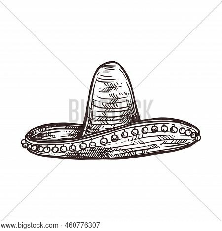 Mexican Sombrero Hat, Mexico Holiday Fiesta Hat, Vector Hand Drawn Sketch. Cinco De Mayo Or 5 May Ce