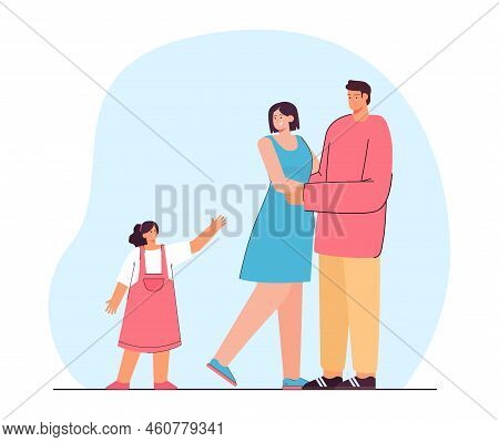 Cute Little Girl Reaching For Parents Hugging. Mother And Father Looking At Daughter Flat Vector Ill