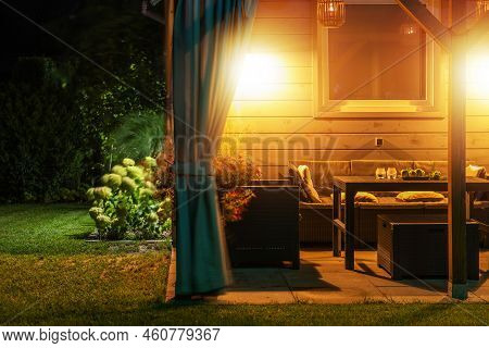 Terrace In The Backyard Garden Of The Family Living House Furnished For Dining With Outdoor Furnitur