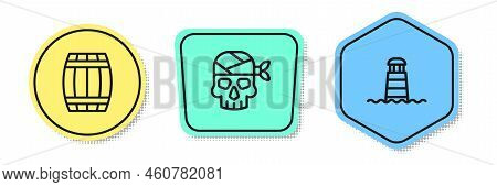 Set Line Wooden Barrel, Pirate Captain And Lighthouse. Colored Shapes. Vector