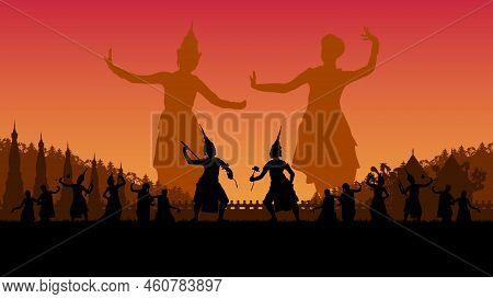 Silhouette Of Traditional Thai Dance On Gradient Background