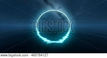 Reflection On Water With Bright Glowing Circle Ring At Nigth. Stars And Milky Way. 3d Rendering. Pea