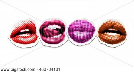 Collage Vector Illustration With Mouth, Lips, Kiss, Tongue. Halftone Grunge Elements For Poster, Ban