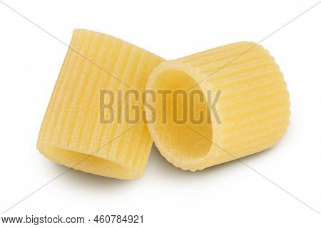 Raw Italian Pasta Isolated On White Background. Mezze Maniche Rigate Bronze Die. Top View. Flat Lay