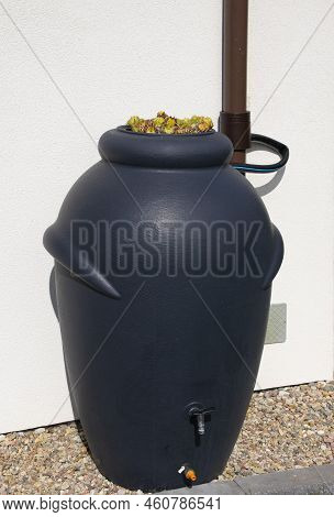 Rainwater Barrel Connected To The Gutter, Water Saving Concept