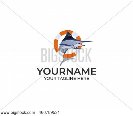 Marlin Fish And Lifebuoy Logo Design. Billfish Vector Design. Swordfish Illustration