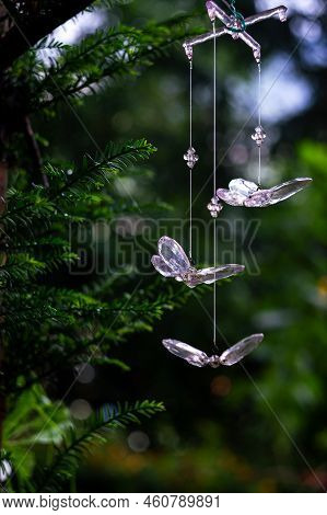Crystal Butterfly Pendants On A Spruce Branch In An Alpine Forest With Bokeh In The Background
