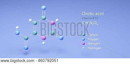 Orotic Acid, Vitamin B13, Molecular Structures, 3d Model, Structural Chemical Formula And Atoms With