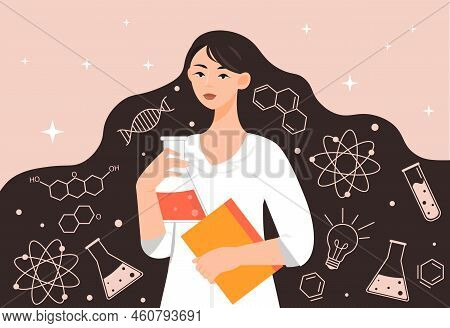 Woman With Science. Young Girl With Chemistry, Biology And Physics Icons In Her Hair. Poster Or Bann