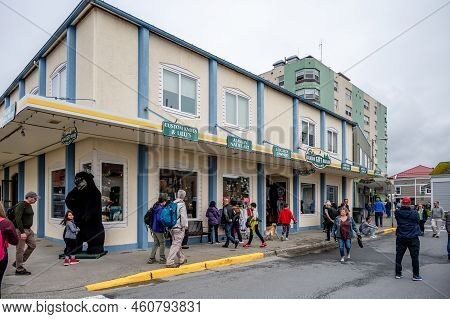 Sitka, Alaska - July 26, 2022 - View Of Sitka's Historic Main Street. Alsaka Gift Bazaar Visible.
