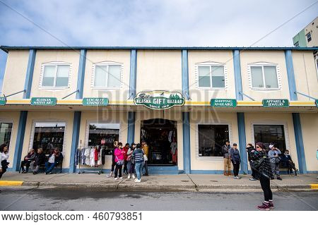 Sitka, Alaska - July 26, 2022 - View Of Sitka's Historic Main Street. Alsaka Gift Bazaar Visible.