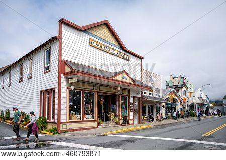 Sitka, Alaska - July 26, 2022 - View Of Sitka's Historic Main Street. Old Harbor Books Visible.