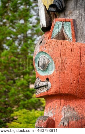 Sitka, Alaska - July 26, 2022: Detail Of Totem Pole In Sitka, Alaska.