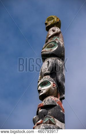 Sitka, Alaska - July 26, 2022: Detail Of Totem Pole In Sitka, Alaska.