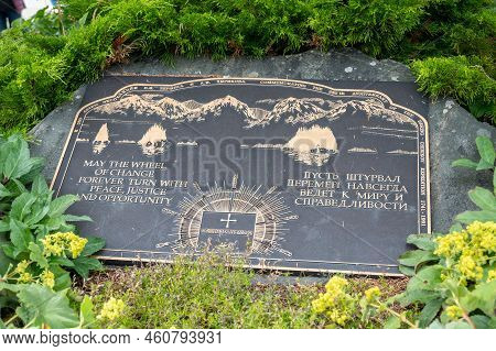 Sitka, Alaska - July 26, 2022 - Historical Plaque In Sitka Marking The Exploration Of The Area By Ru