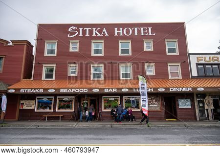 Sitka, Alaska - July 26, 2022 - View Of Sitka's Historic Main Street. Historic Sitka Hotel Visible.