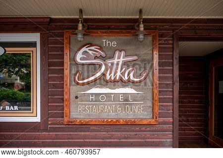 Sitka, Alaska - July 26, 2022 - View Of Sitka's Historic Main Street. Historic Sitka Hotel Visible.