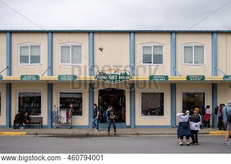 Sitka, Alaska - July 26, 2022 - View Of Sitka's Historic Main Street. Alsaka Gift Bazaar Visible.