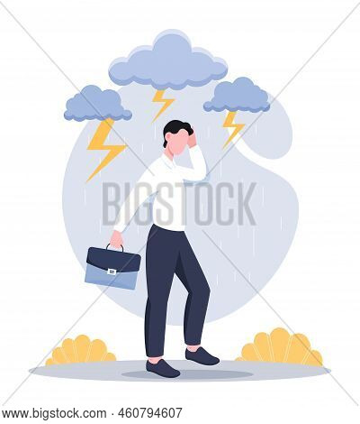 Business Problem Concept. Man With Briefcases In Rain And Storm. Unsuccessful Entrepreneur Or Busine