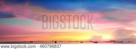 Panoramic Beautiful Cloun Golden Hour Twilight Sky. Beautiful Sky Nature Background.  Amazing Colorf