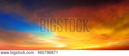 Panoramic Beautiful Cloun Golden Hour Twilight Sky. Beautiful Sky Nature Background.  Amazing Colorf