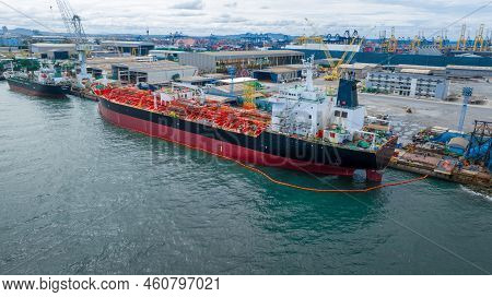 Oil Crude Gas Tanker Ship, Cargo Container Ship Offshore For Maintenance. Petroleum Chemical Export