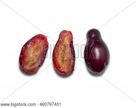 Dogwood Berries. Sliced Dogwood. The Pulp Of A Juicy Berry. Tart Fruit. Isolate Ingredient For Healt