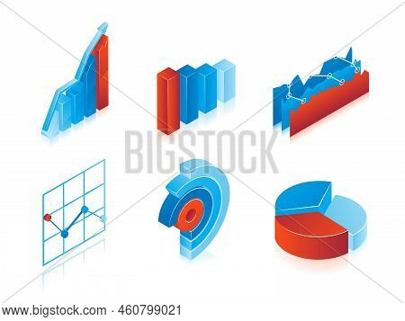 Set Of 3d Vector Charts In Blue And Red: Analytical Pie Charts, Graphs And Bar Graphs For Use As Des