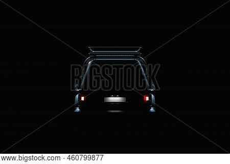 A Powerful Black Off-road Car 4x4, Safari, Expedition Off-roader,  Back View. 3d Illustration