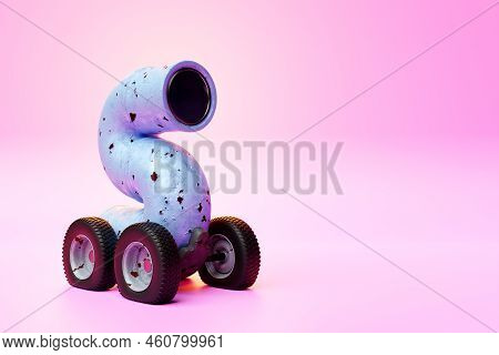 A Cartoon  Blue  Pipe On Wheels  That Looks Like A Worm.  Close-up Of A Curved Rusty Pipes With Peel