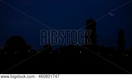 Silhouette Mosques Dome Crescent Moon And Star On Dark Black Twillight Evening Background,symbols Ne