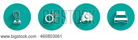 Set Earplugs And Ear, Alarm Clock, Dreams And Big Bed Icon With Long Shadow. Vector