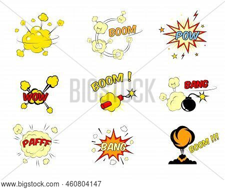 Set Of Colorful Bright Red And Yellow Comic Cartoon Text Explosions Depicting A Boom  Pow  Wow  Dyna