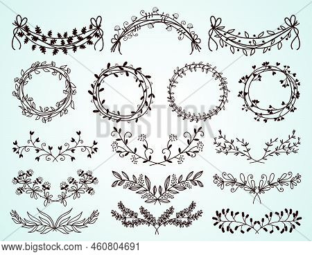 Set Of Dainty Black And White Hand-drawn Floral And Foliate Borders And Wreaths For Decorative Desig
