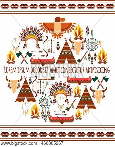 Attractive Seamless Colored Tribal American Badge Label  Isolated White Background