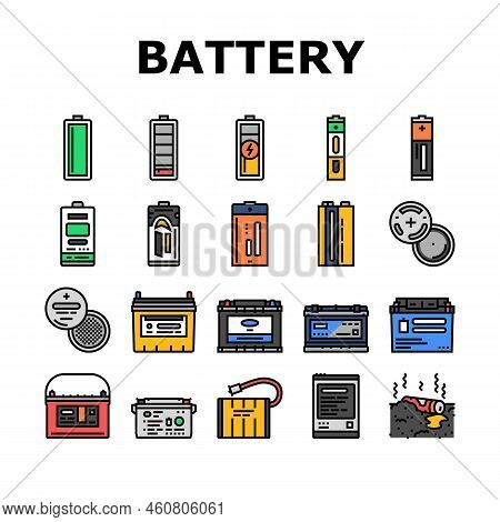 Battery Power Energy Electric Car Icons Set Vector. Technology Industry, Electricity Lithium, Charge
