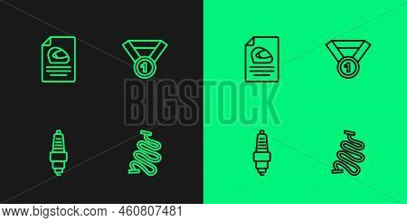Set Line Racing Track, Car Spark Plug, Helmet And Medal Icon. Vector