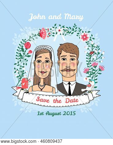 Save The Date Vector Wedding Invitation Template With A Bridal Couple Under An Arched Bower Of Summe