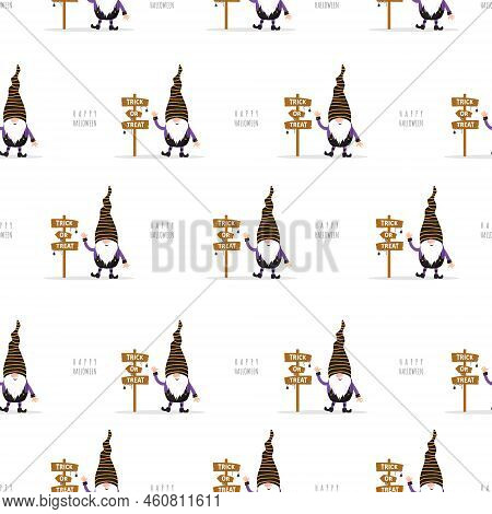 Seamless Pattern With Halloween Gnomes. Cute Festive Background For Spooky Night. Vector Illustratio