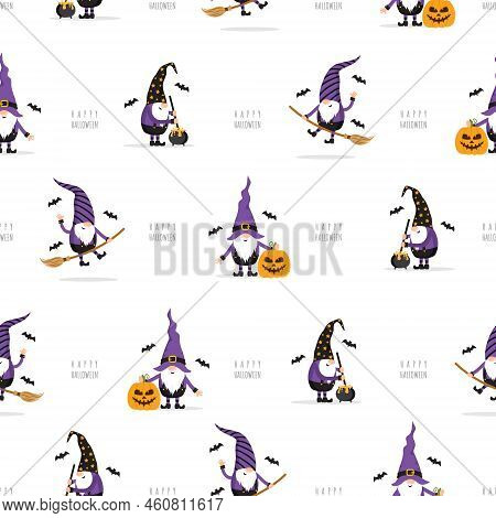 Seamless Pattern With Halloween Gnomes. Cute Festive Background For Spooky Night. Vector Illustratio