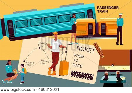 Public Train Flat Collage With Big Ticket Image And Little Characters Of Passengers And Staff In Uni