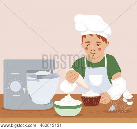 Childish Cooking School Flat Composition With Little Boy In Chef Hat Decorating Dessert With Whipped