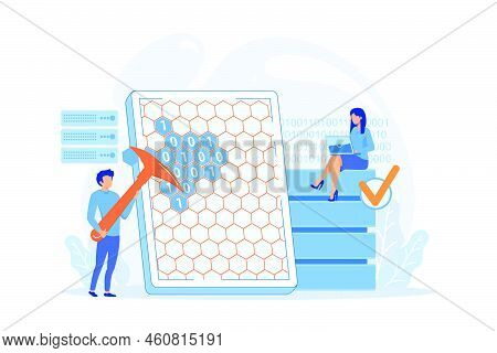 Tiny People, Scientists At Tablet With Pickaxe Mining. Data Mining, Data Warehouse Sourcing Vector I