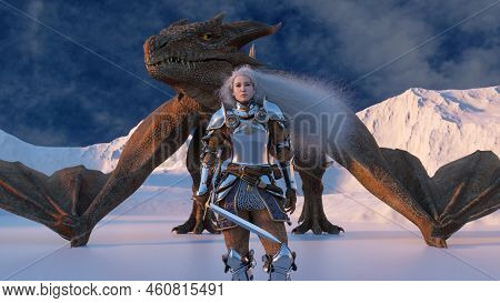 White Haired Female Warrior Knight Stands With A Drawn Sword And A Dragon Behind Against The Backdro
