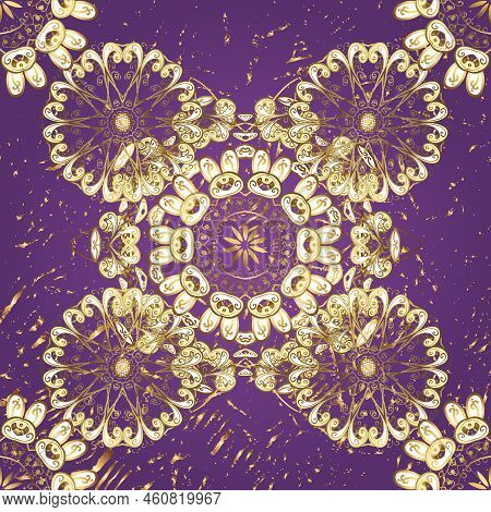 Seamless Pattern On Violet, Purple Colors With Golden Elements. Oriental Style Arabesques. Openwork 