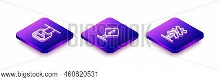 Set Isometric Line Cable Car, Exclamation Mark In Square And Railroad Crossing Icon. Vector