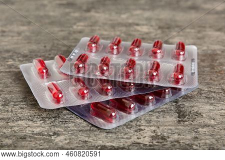 Too Many Different Pill Cartridges Stacked. Selective Focus. Packs Of Blister Pills With Tablets. Co