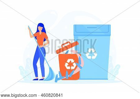 Plastic Trash Sorting. Recycling And Reusing Idea. Man Gathering Plastic Bottles. Rubbish Container,
