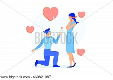 Young Man And Woman On Blind Date. Romantic Surprise, Amorous Feelings Expression, Blindfolded Lover