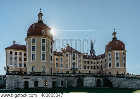 View Of Fairy Tale Moritzburg Castle In Saxony,germany.magnificent Baroque Palace In Middle Of Large